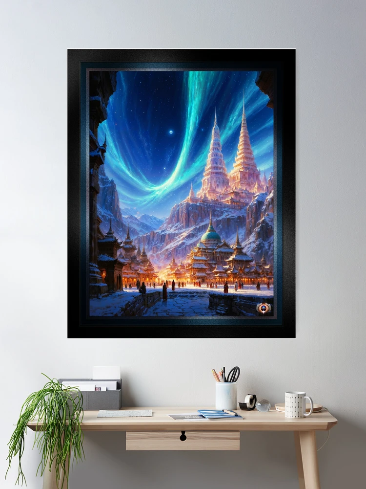 Ethereal Aurora Over The Temple of Argrath Mountain Cityscape Astonishing AI Concept Art by Xzendor7 Wall Decor Poster Art Print
