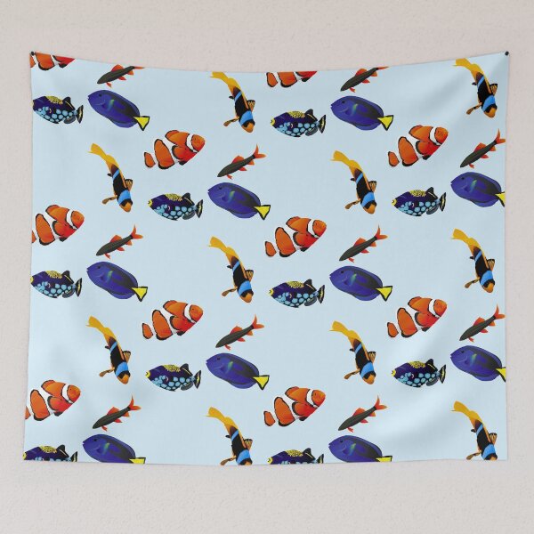 Item preview, Clown fish, blue morpho tang, parrot fish - marine fish art designed and sold by killies.