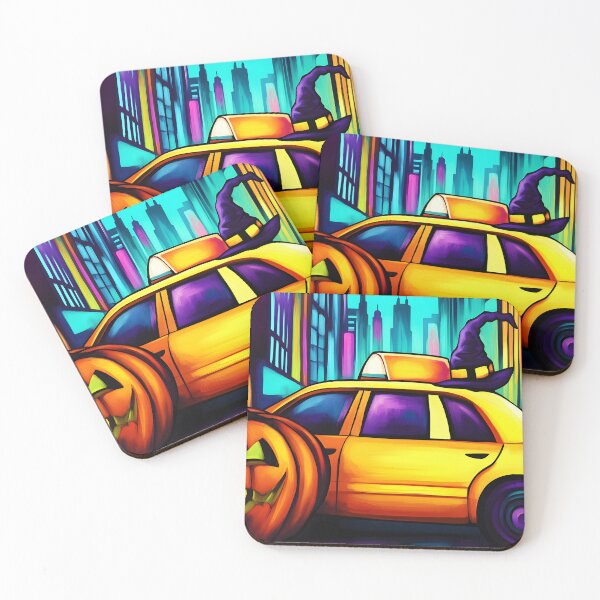 Item preview, New York Yellow Taxi with Halloween Witch Hat and Grinning Jack o Lantern- Futuristic Cityscape AI Generated designed and sold by OlfactoART Studio.