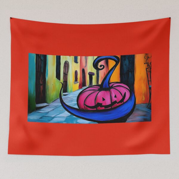 Item preview, Whimsical Jack o Lantern in Vibrant Gothic Quarter Alleyway - Colorful Buildings and Stark Shadows Generative AI designed and sold by OlfactoART Studio.