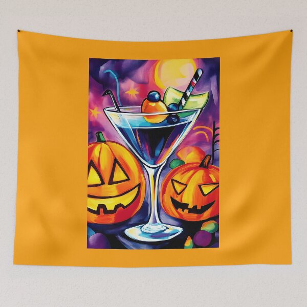 Item preview, Festive Halloween Art with Cocktail Glass and Striped Straw - Glowing Colorful Jack o Lanterns Generative AI designed and sold by OlfactoART Studio.