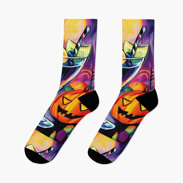 Item preview, Festive Halloween Art with Cocktail Glass and Striped Straw - Glowing Colorful Jack o Lanterns Generative AI designed and sold by OlfactoART Studio.