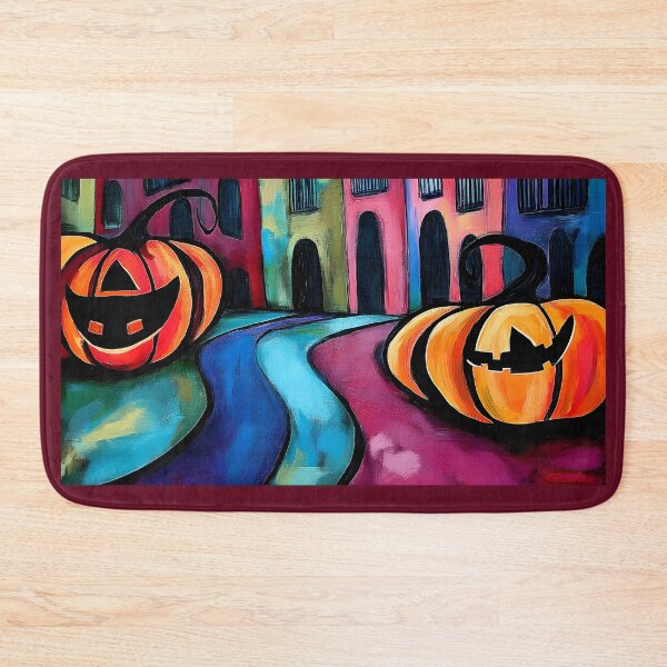 Item preview, Surreal Halloween Scene with Two Large Jack o Lanterns in Gothic Quarter Barcelona - Abstract Colorful AI Generated designed and sold by OlfactoART Studio.