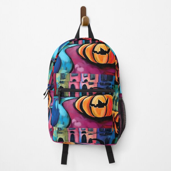 Item preview, Surreal Halloween Scene with Two Large Jack o Lanterns in Gothic Quarter Barcelona - Abstract Colorful AI Generated designed and sold by OlfactoART Studio.
