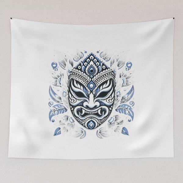 Item preview, Blue and White Phi Ta Khon Mask – Traditional Thai Festival Art Illustration designed and sold by MrDRK1536.