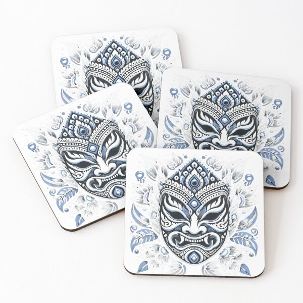 Item preview, Blue and White Phi Ta Khon Mask – Traditional Thai Festival Art Illustration designed and sold by MrDRK1536.