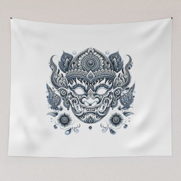 Item preview, Ornate Blue and White Phi Ta Khon Mask – Traditional Thai Festival Art designed and sold by MrDRK1536.