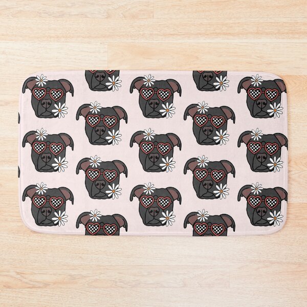 Item preview, Pitbull Black Retro Dog with Heart Shaped Checkered Glasses and White flowers  designed and sold by MrsCreative1.