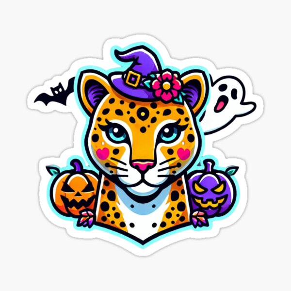 Item preview, Leopard Halloween Icon | Cute Leopard with Witch Hat and Pumpkins | Halloween Animal Art designed and sold by takeng07.