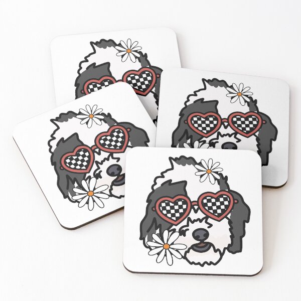 Item preview, Sheepadoodle Dog with Heart Shaped Checkered Glasses and White flowers  designed and sold by MrsCreative1.
