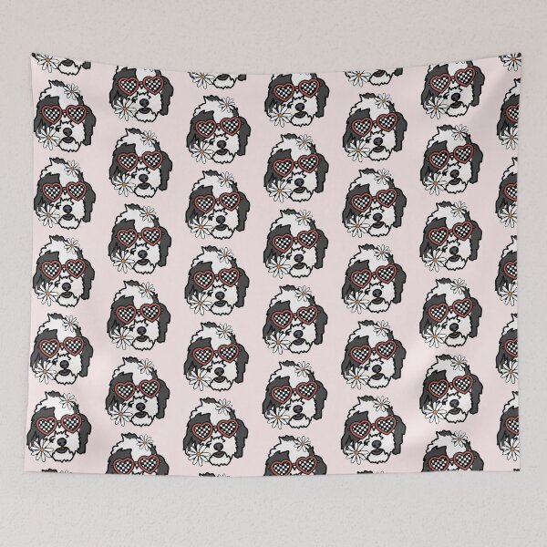 Item preview, Sheepadoodle Dog with Heart Shaped Checkered Glasses and White flowers  designed and sold by MrsCreative1.