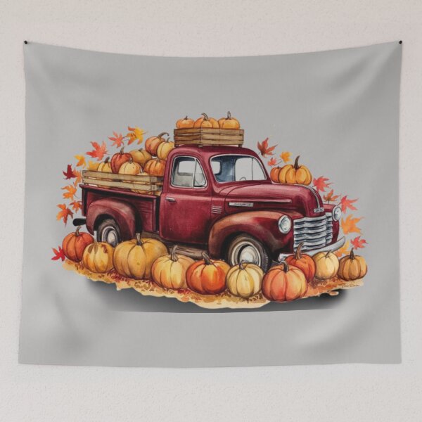 Item preview, a vintage deep red truck surrounded by a multitude of pumpkins designed and sold by 123ks.