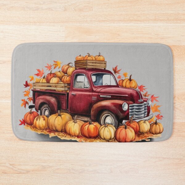 Item preview, a vintage deep red truck surrounded by a multitude of pumpkins designed and sold by 123ks.