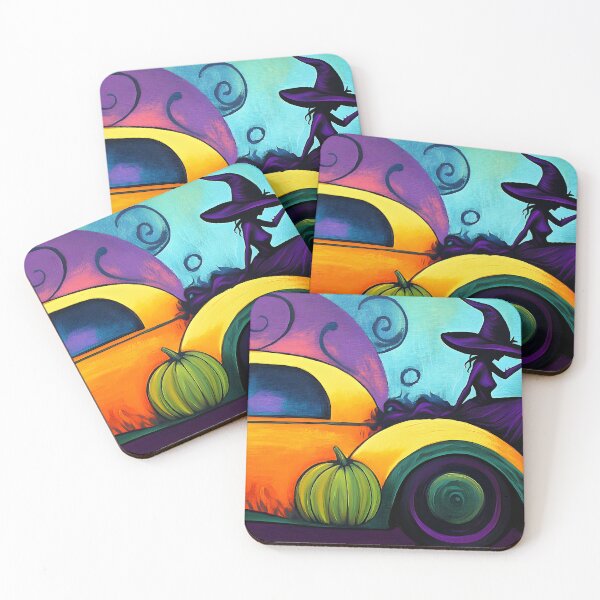 Item preview, Whimsical Halloween Witch on Yellow Taxi with Pumpkins and Bat - Mystical Purple and Blue Background AI Generated designed and sold by OlfactoART Studio.