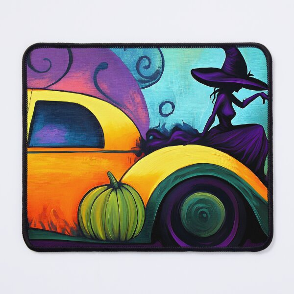Item preview, Whimsical Halloween Witch on Yellow Taxi with Pumpkins and Bat - Mystical Purple and Blue Background AI Generated designed and sold by OlfactoART Studio.
