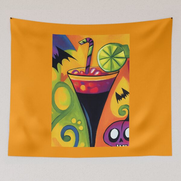 Item preview, Festive Halloween Cocktail Art with Lime Garnish and Colorful Straw - Lively Background with Bats AI Generated designed and sold by OlfactoART Studio.