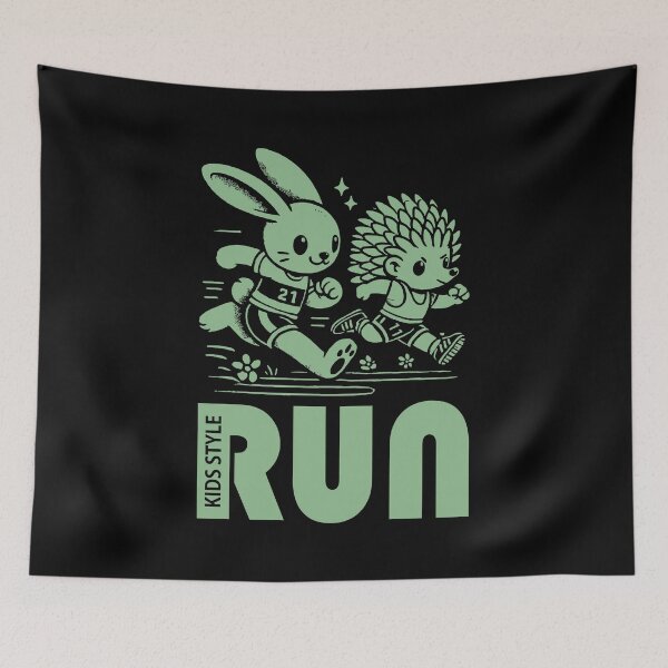 Item preview, Bunny and Hedgehog Kids Sprint Adventure in Dark Sea Green designed and sold by Soulemotion.