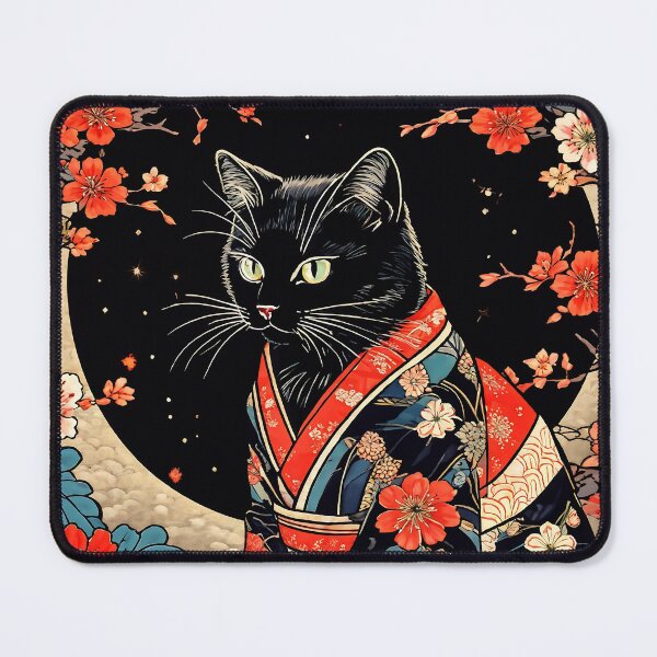 Item preview, black cat Neko Harmony: Retro Japanese Cat with kimono for Feline Aficionados designed and sold by Catophile.