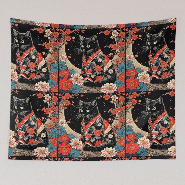 Item preview, black cat Neko Harmony: Retro Japanese Cat with kimono for Feline Aficionados designed and sold by Catophile.