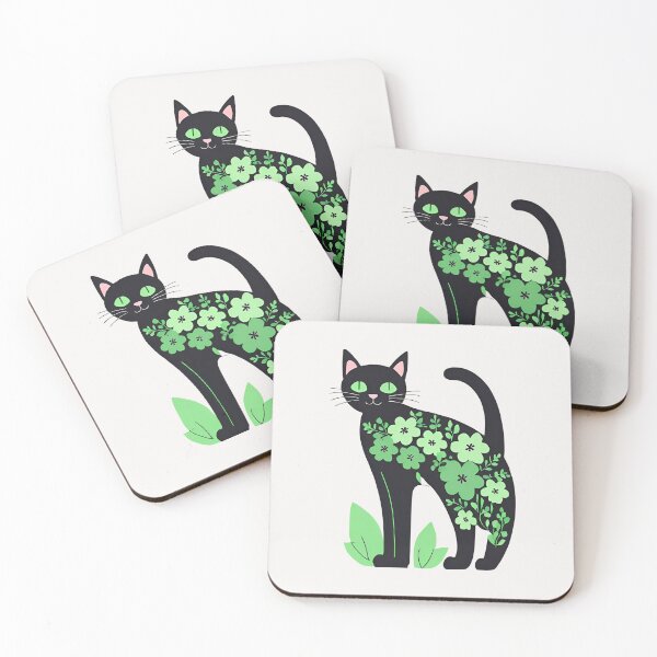 Aperçu de l'œuvre Chat noir avec des fleurs vertes créée et vendue par RANDOMNESS.