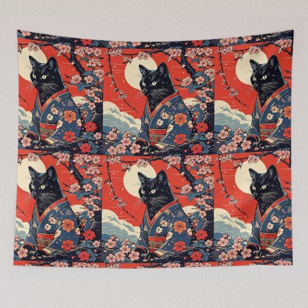 Item preview, japanese aesthetic black cat kimono  designed and sold by Catophile.