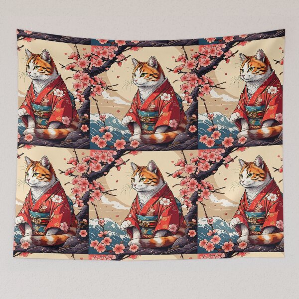 Item preview, Neko Harmony: Retro Japanese Cat with sakura Delight for Feline Aficionados designed and sold by Catophile.