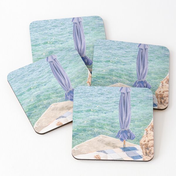 Item preview, Milos, Greece I Private beach paradise on french riviera in clear blue waters of Mediterranean sea under the summer sun with parasol for minimalist composition of fine art photography pastel aesthetic designed and sold by Julie Travel Photography.