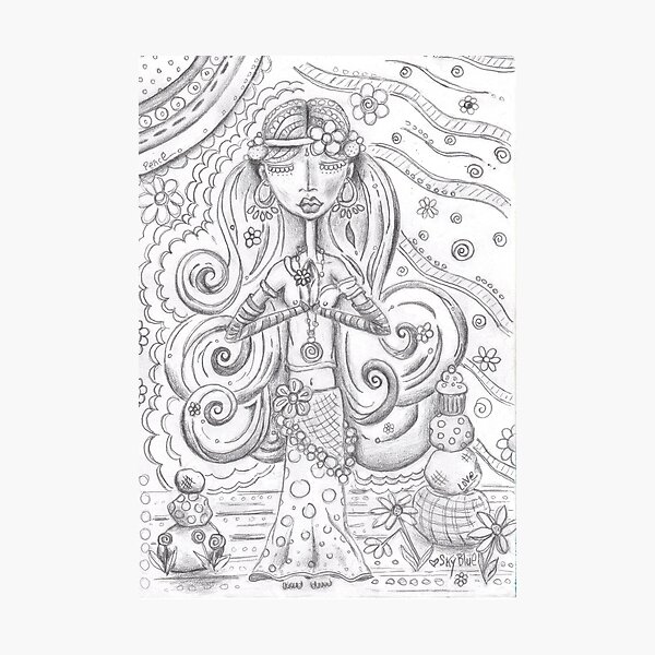 Yoga Gypsy Sketch – Whimsical Folk Art Girl in Namaste Pose Photographic Print