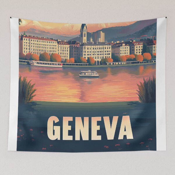 Item preview, Vintage Geneva Cityscape Art Print | Retro Swiss Travel Poster | Lake Geneva Wall Decor | Switzerland Souvenir Artwork | Mid-Century Modern Design designed and sold by nomiraclehere.