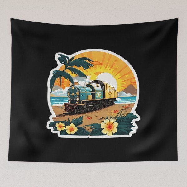Item preview, Locomotive on a Beach at Sunset Surrounded by Hawaiian Orchids designed and sold by NautiChic.