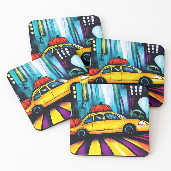 Item preview, Vibrant Yellow Cab with Pumpkins Driving Through Abstract Cityscape - Energetic Streaks of Reds AI Generated designed and sold by OlfactoART Studio.