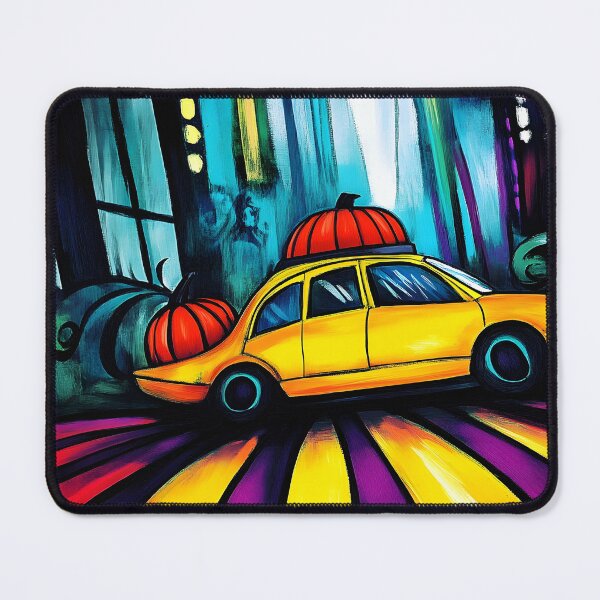 Item preview, Vibrant Yellow Cab with Pumpkins Driving Through Abstract Cityscape - Energetic Streaks of Reds AI Generated designed and sold by OlfactoART Studio.