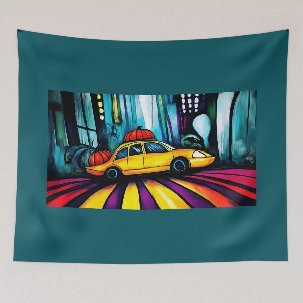 Item preview, Vibrant Yellow Cab with Pumpkins Driving Through Abstract Cityscape - Energetic Streaks of Reds AI Generated designed and sold by OlfactoART Studio.