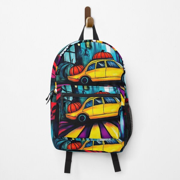 Item preview, Vibrant Yellow Cab with Pumpkins Driving Through Abstract Cityscape - Energetic Streaks of Reds AI Generated designed and sold by OlfactoART Studio.