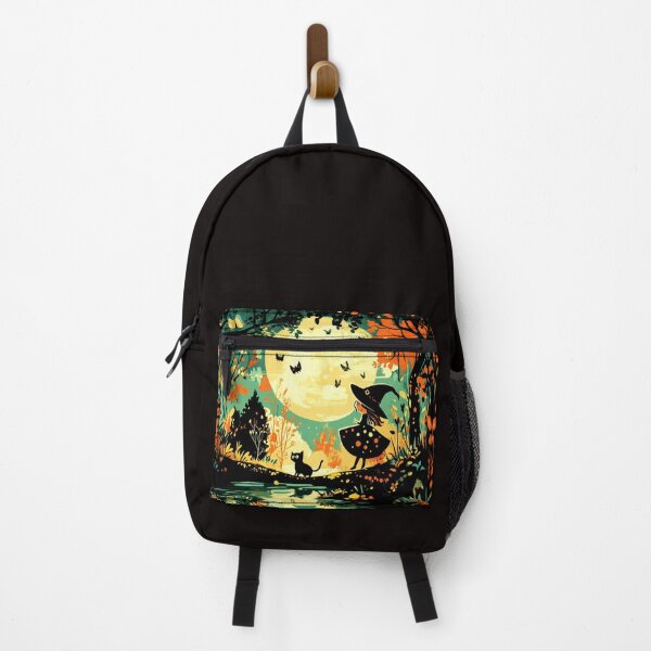 Item preview, Little Witch Girl and Black cat in moonlit forest designed and sold by BeatnikBuddha.