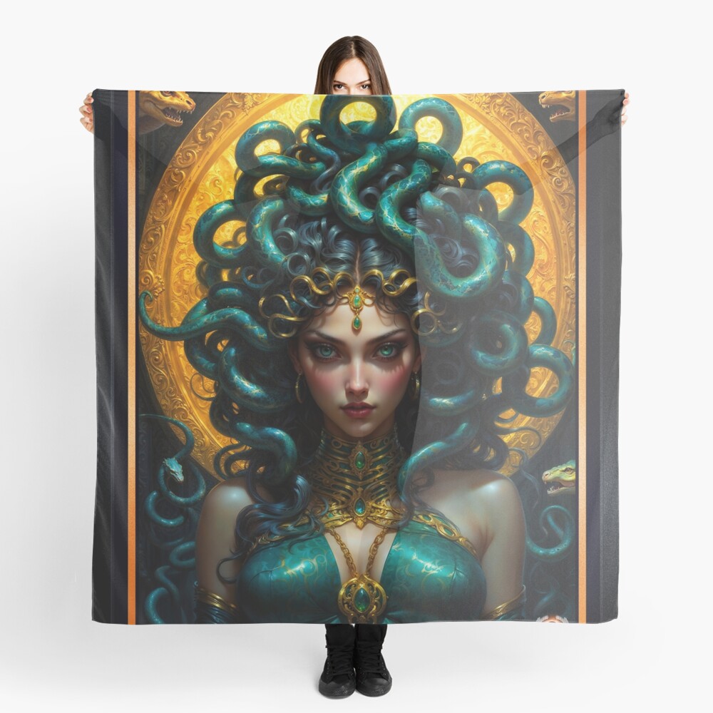 The Mystical Enigmatic Emerald Snake Queen Stunning AI Concept Art by Xzendor7 Decorative Art Print Ladies Scarf