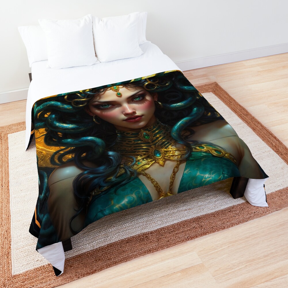 The Mystical Enigmatic Emerald Snake Queen Stunning AI Concept Art by Xzendor7 Decorative Art Print Comforter