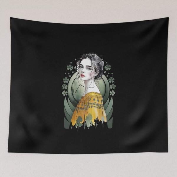 Item preview, Elegant Woman in Yellow Floral Blouse with Clover Background Illustration designed and sold by love3617.