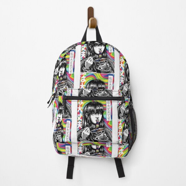 Item preview, Anime with Rainbow Noodles Japanese girl eating ramen in trippy style designed and sold by DrawHandArt.