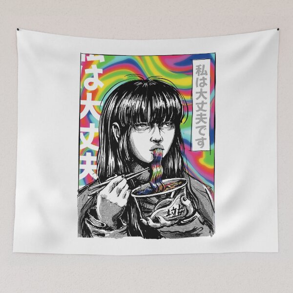 Item preview, Anime with Rainbow Noodles Japanese girl eating ramen in trippy style  designed and sold by DrawHandArt.