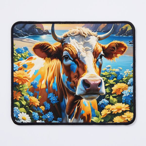 Item preview, Beautiful COW stanging among flowers on a meadow of a bay beach designed and sold by EmeraldeaArt.