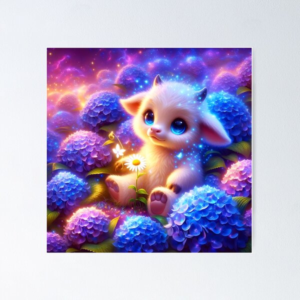 Item preview, Little cute white calf COW sitting among magical hydrangeas designed and sold by EmeraldeaArt.