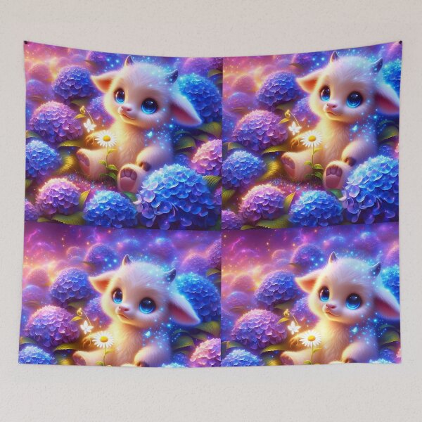 Item preview, Little cute white calf COW sitting among magical hydrangeas designed and sold by EmeraldeaArt.