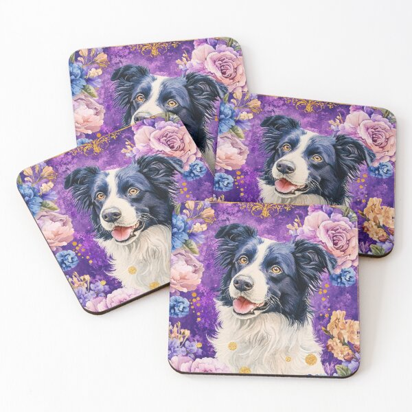 Item preview, cool BORDER COLLIE Dog into violet & blue flowers  designed and sold by WallyPink.