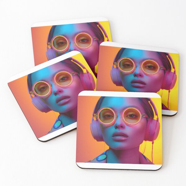 Item preview, Stunning woman in surrealist sunglasses and headphones is set against a retro-futuristic neon backdrop, capturing an ethereal and vibrant moment designed and sold by MiraCleAI.