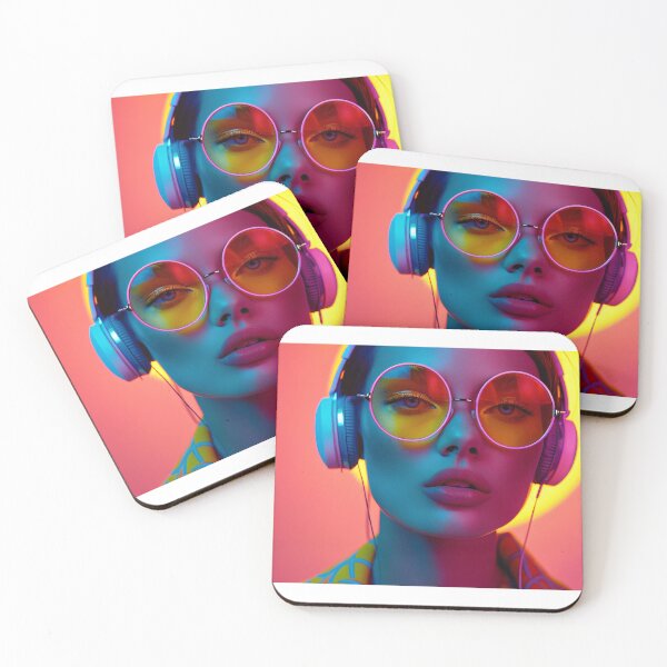 Item preview, Stunning woman in surrealist sunglasses and headphones is set against a retro-futuristic neon backdrop, capturing an ethereal and vibrant moment designed and sold by MiraCleAI.