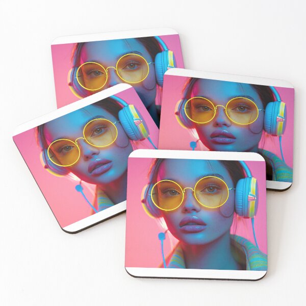 Item preview, Stunning woman in surrealist sunglasses and headphones is set against a retro-futuristic neon backdrop, capturing an ethereal and vibrant moment designed and sold by MiraCleAI.