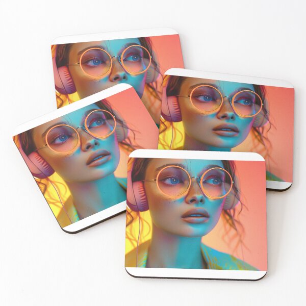 Item preview, Stunning woman in surrealist sunglasses and headphones is set against a retro-futuristic neon backdrop, capturing an ethereal and vibrant moment designed and sold by MiraCleAI.