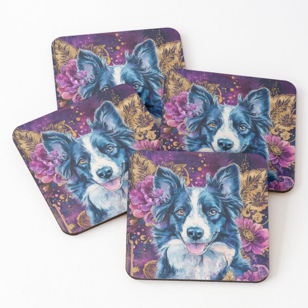 Item preview, cool BORDER COLLIE Dog into violet & pink flowers  designed and sold by WallyPink.