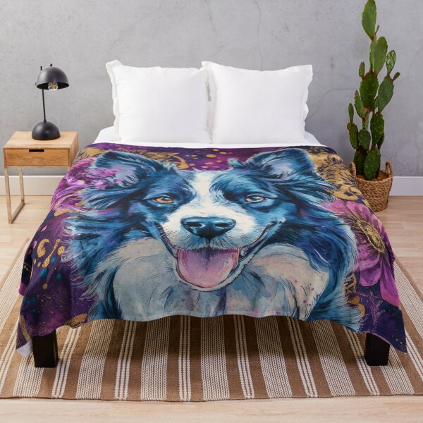 Item preview, cool BORDER COLLIE Dog into violet & pink flowers designed and sold by WallyPink.